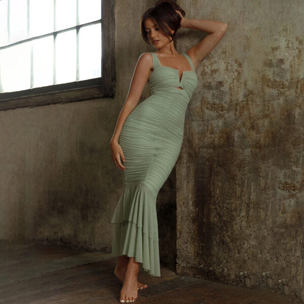 V Neck Ruched Tiered Flounce Mermaid Maxi Dress