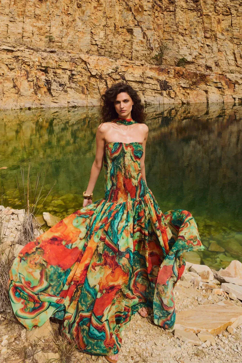 Strapless Smocked Bodice Marble Print Flowy Maxi Dress