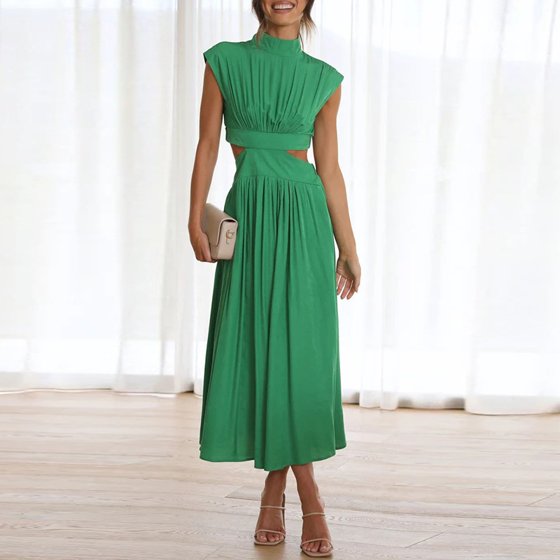 Mock Neck Cap Sleeve Side Cut Out Pleated A-Line Midi Dress