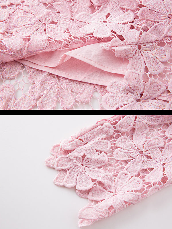 Round Neck Elbow Sleeve Scalloped Floral Lace Shift Mini Dress