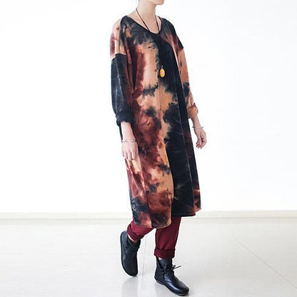 Round Neck Long Sleeve Abstract Blotch Print Oversized Tunic Dress