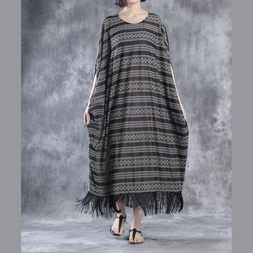 Round Neck Geometric Tribal Print Fringe Hem Oversized Kaftan Dress