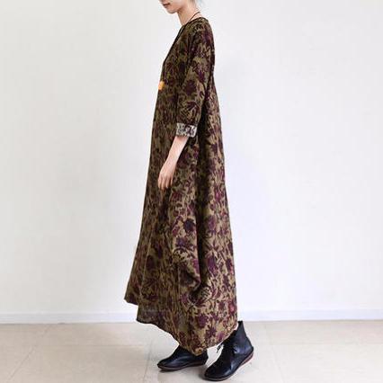 Floral Print Baggy Long Sleeve Drop Shoulder Linen Maxi Dress