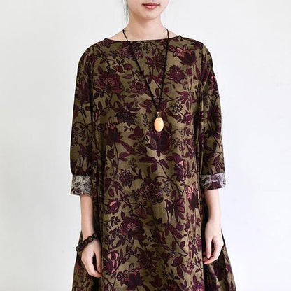 Floral Print Baggy Long Sleeve Drop Shoulder Linen Maxi Dress