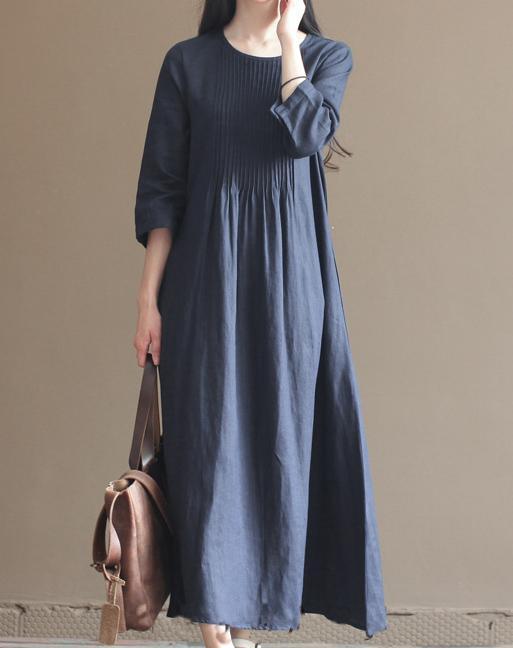 Round Neck Front Pintuck Three Quarter Sleeve Linen Maxi Dress