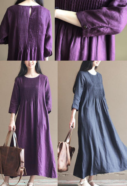 Round Neck Front Pintuck Three Quarter Sleeve Linen Maxi Dress