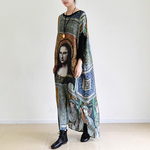 Round Neck Drop Sleeve Art Portrait Print Oversized Maxi Dress