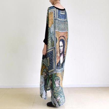 Round Neck Drop Sleeve Art Portrait Print Oversized Maxi Dress