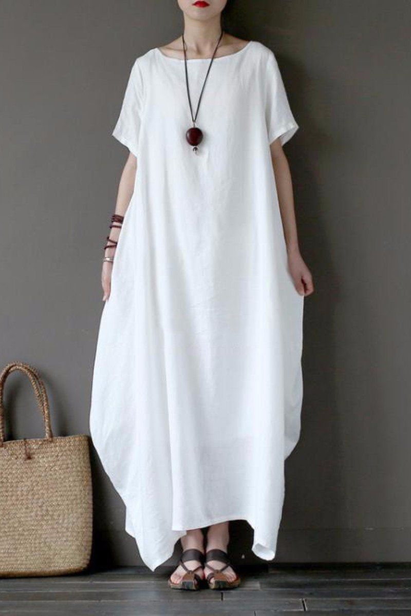 Round Neck Short Sleeve Oversized Linen Maxi Dress