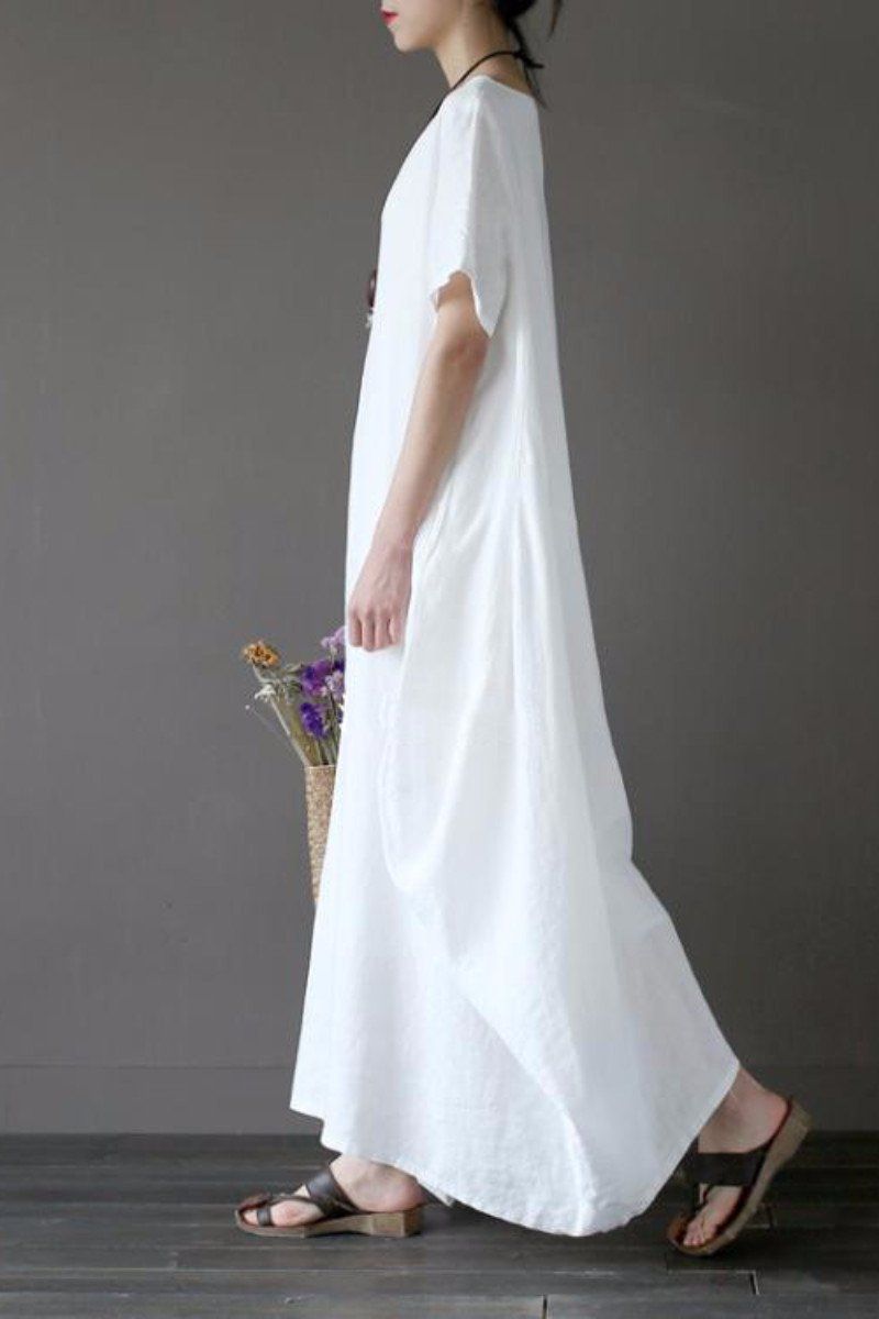 Round Neck Short Sleeve Oversized Linen Maxi Dress