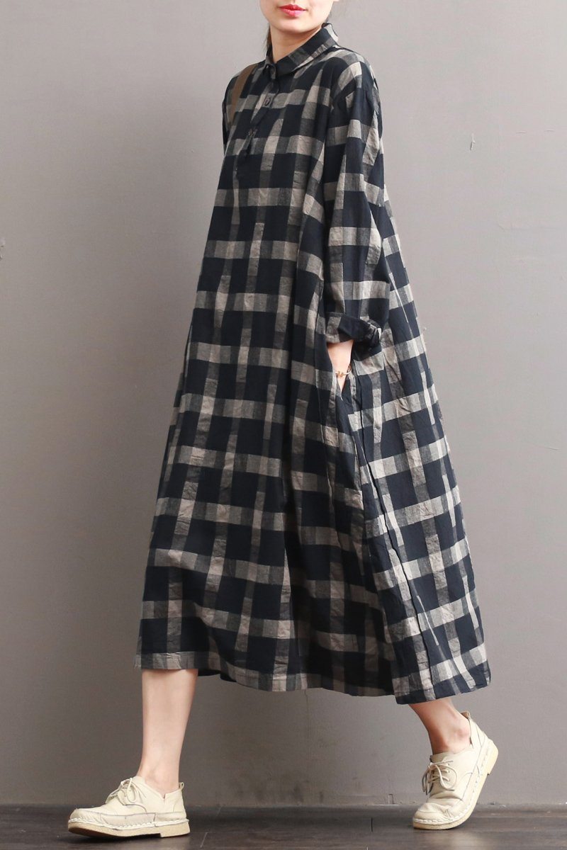 Plaid Long Sleeve Partial Button Shirt Midi Dress
