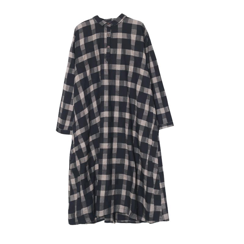 Plaid Long Sleeve Partial Button Shirt Midi Dress