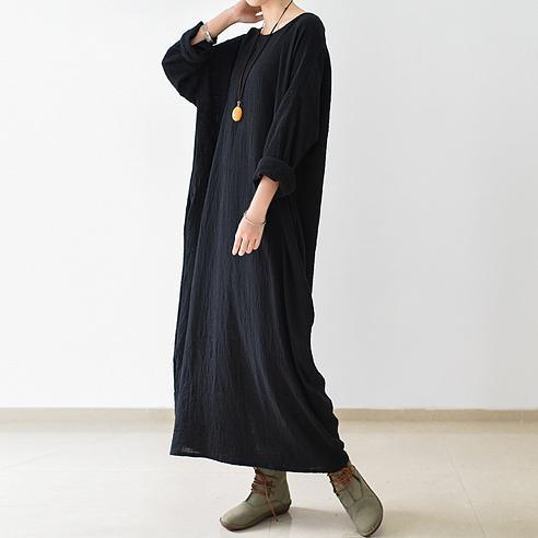 Crew Neck Pocket Long Sleeve Oversized Linen Maxi Dress