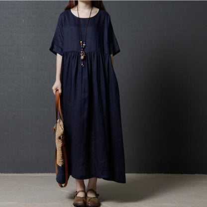 Round Neck Gathered Pocket Short Sleeve Linen Maxi Dress