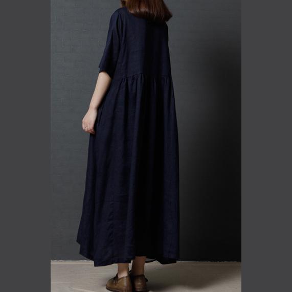Round Neck Gathered Pocket Short Sleeve Linen Maxi Dress