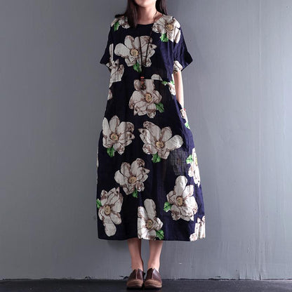 Round Neck Magnolia Floral Print Oversized Linen Midi Dress