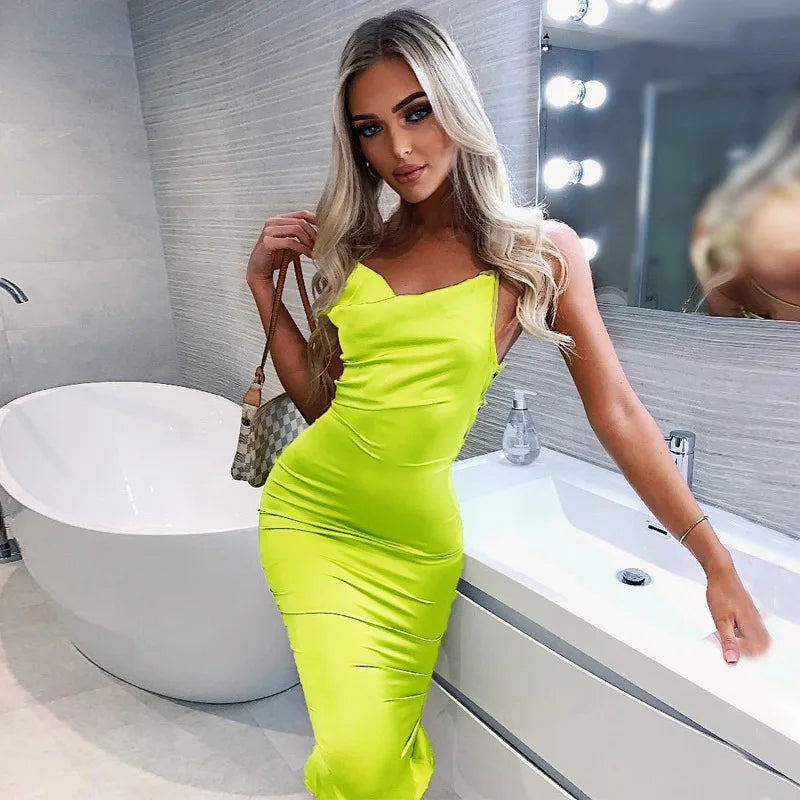 Satin Cowl Neck Spaghetti Strap Bodycon Midi Dress