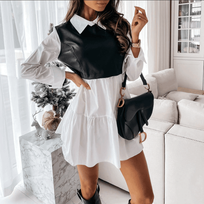 PU Leather Front Collared Long Sleeve Tiered Ruffle Mini Dress