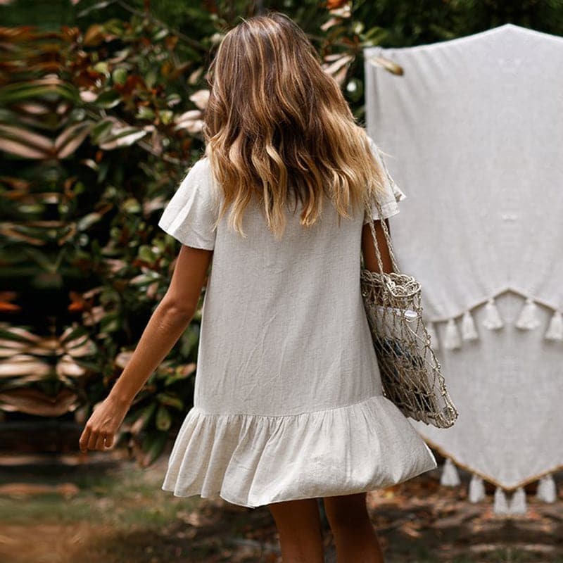 Linen V-Neck Flutter Sleeve Button Front Ruffle Hem Mini Dress
