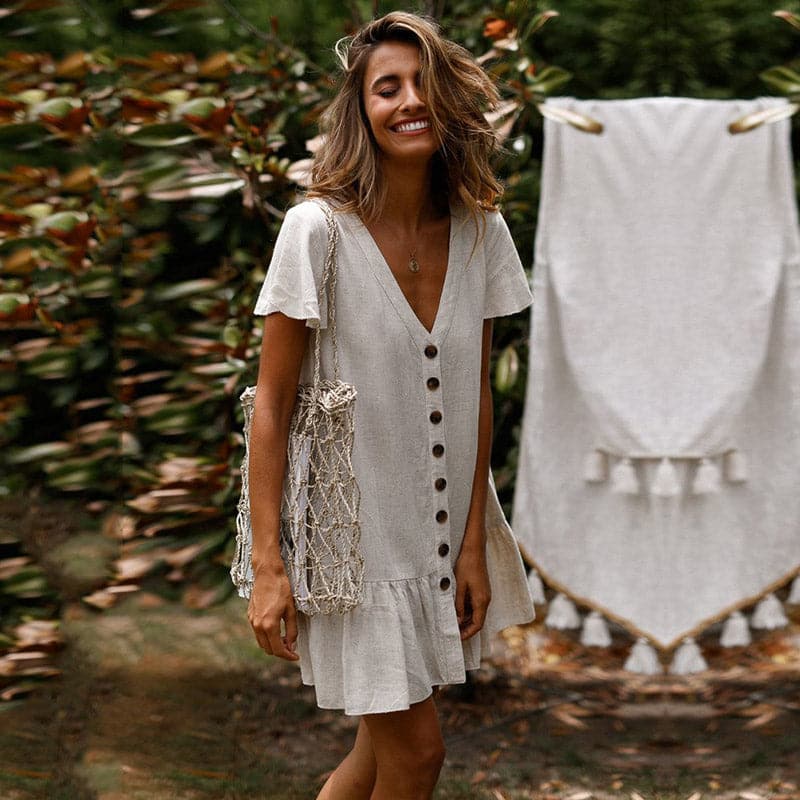 Linen V-Neck Flutter Sleeve Button Front Ruffle Hem Mini Dress