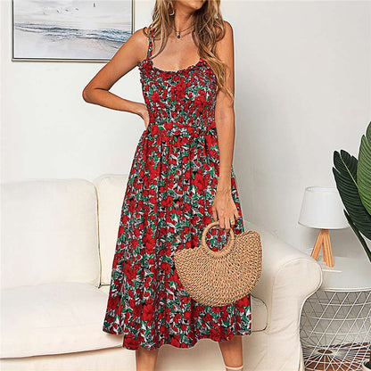 Square Neck Smocked Bodice Button Front Polka Dot Tie Waist Midi Dress