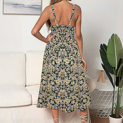 Square Neck Smocked Bodice Button Front Polka Dot Tie Waist Midi Dress