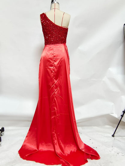 One Shoulder Beaded Bodice Draped Satin High Split Maxi Gown