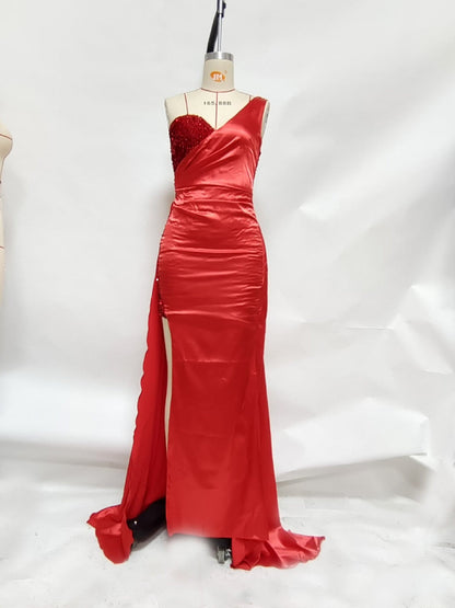 One Shoulder Beaded Bodice Draped Satin High Split Maxi Gown
