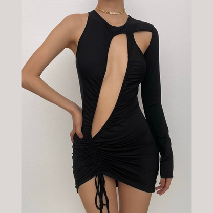 One Shoulder Long Sleeve Asymmetric Cutout Ruched Drawstring Mini Dress