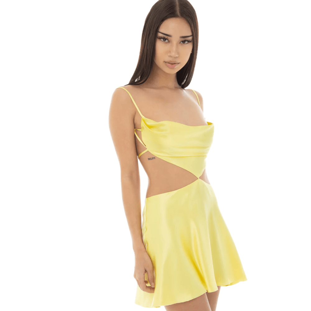 Spaghetti Strap Cowl Back Satin Side Cutout Flared Mini Dress