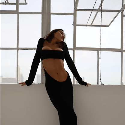 Long Sleeve Deep Square Neck Cutout Waist Fitted Maxi Dress