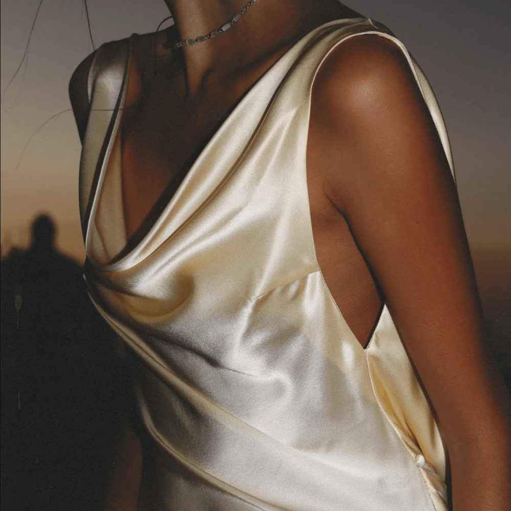 Cowl Neck Plunging Back Satin Maxi Dress