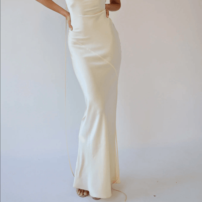 Cowl Neck Plunging Back Satin Maxi Dress