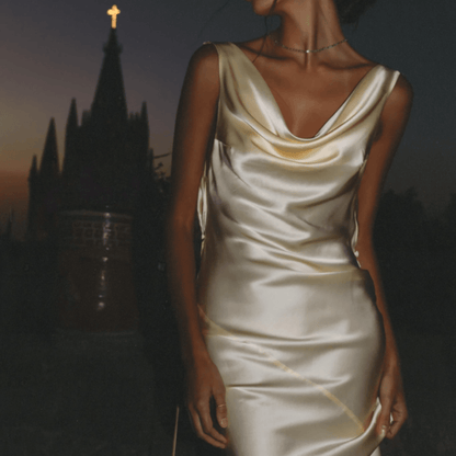 Cowl Neck Plunging Back Satin Maxi Dress
