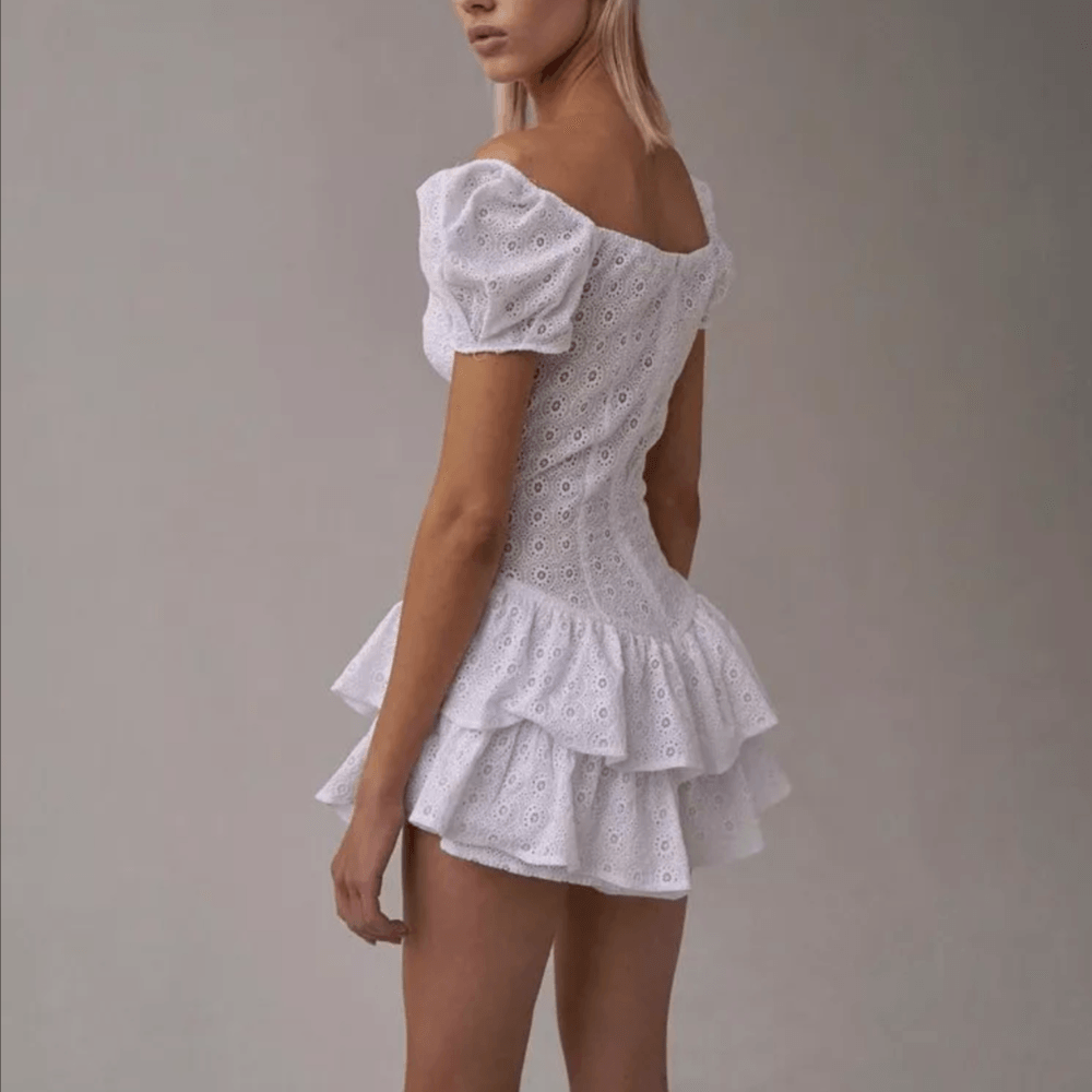 Eyelet Sweetheart Corset Puff Sleeve Tiered Ruffle Mini Dress