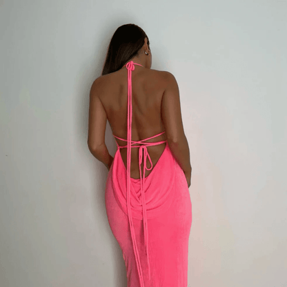 Halter Backless Criss Cross Tie Cowl Back Maxi Dress
