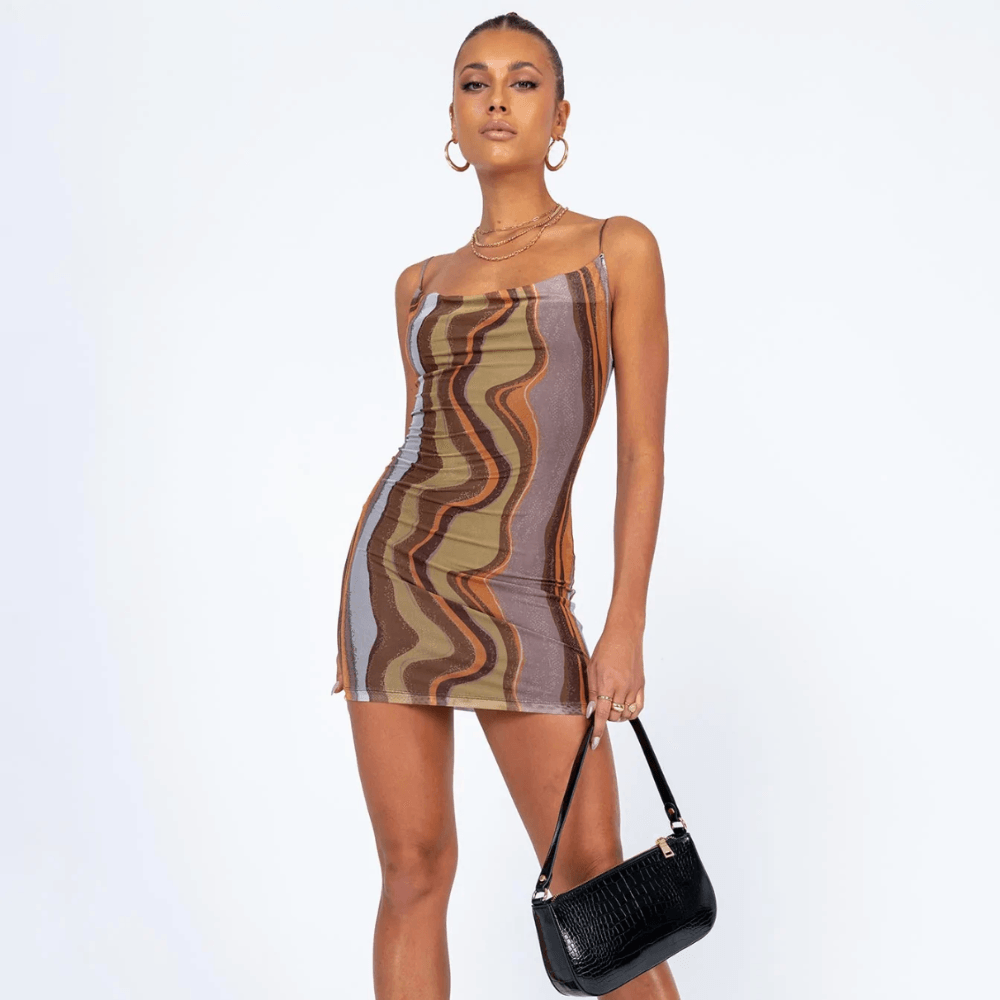 Cowl Neck Abstract Wave Print Spaghetti Strap Bodycon Mini Dress