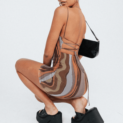 Cowl Neck Abstract Wave Print Spaghetti Strap Bodycon Mini Dress