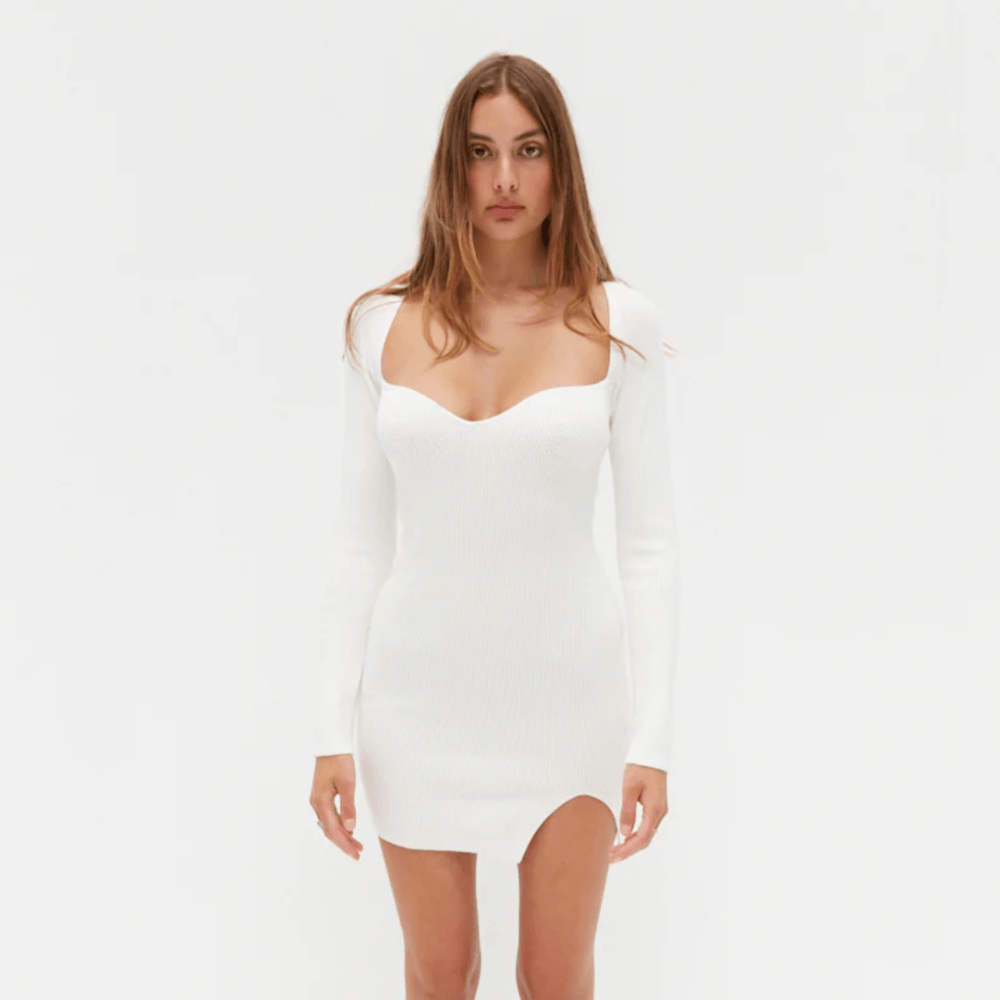 Sweetheart Neck Rib Knit Long Sleeve Bodycon Mini Dress