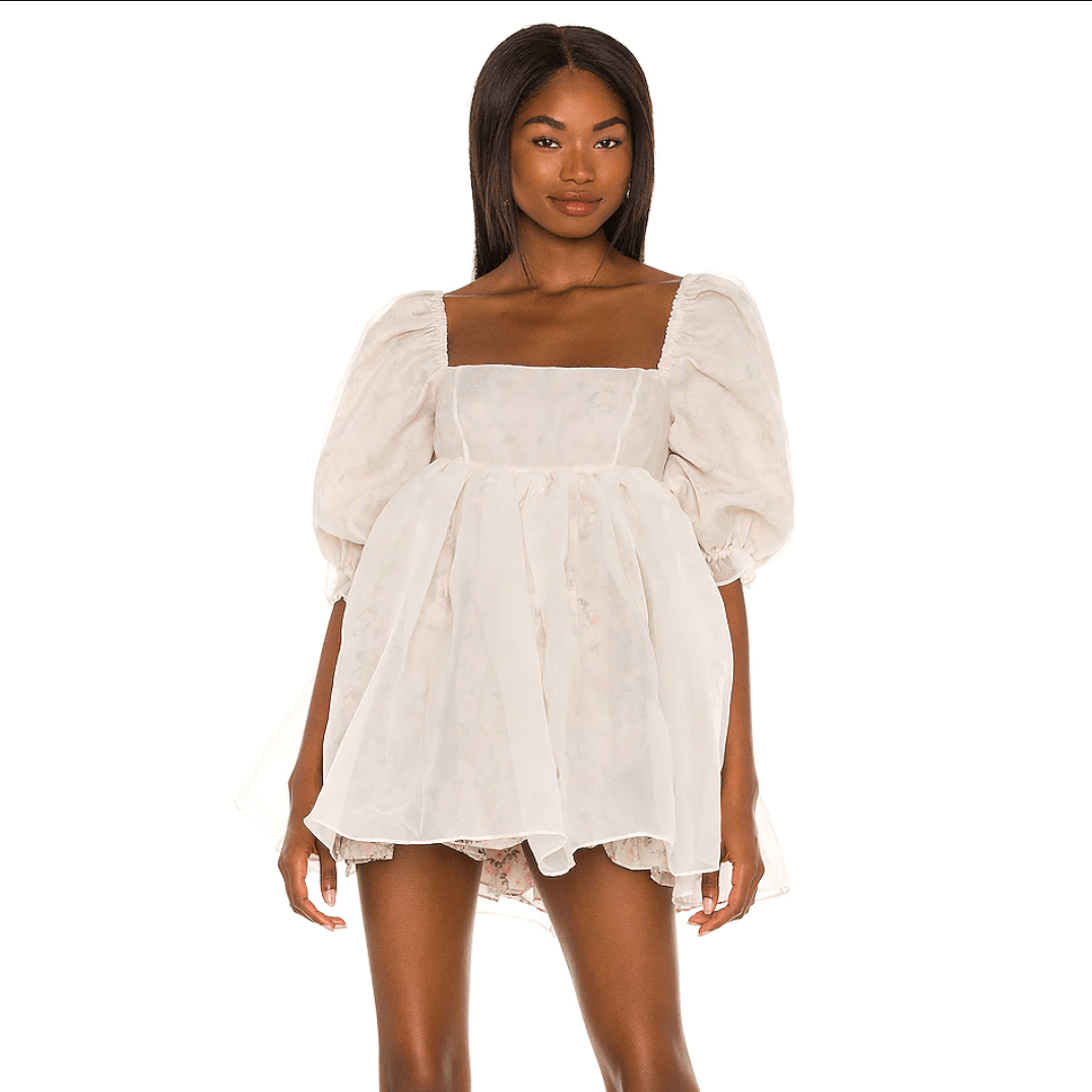 Square Neck Puff Sleeve Empire Waist Sheer Layered Tulle Mini Dress