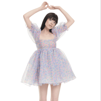 Ditsy Floral Square Neck Puff Sleeve Babydoll Mini Dress