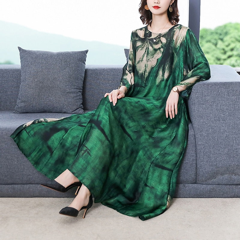 Scoop Neck Three Quarter Sleeve Abstract Brushstroke Print Satin Maxi Dress