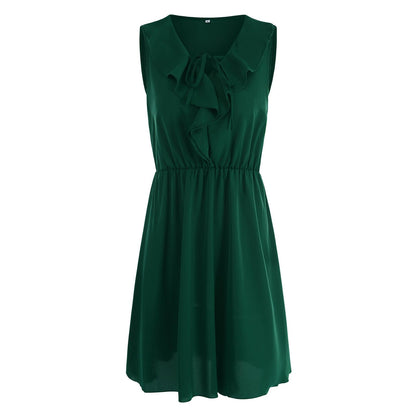 Ruffle Trim Tie Neck Elastic Waist A-Line Mini Dress