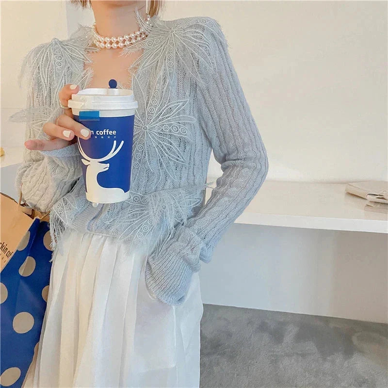 Sexy Embroidered Flower Knitted Blouse Party Blouse