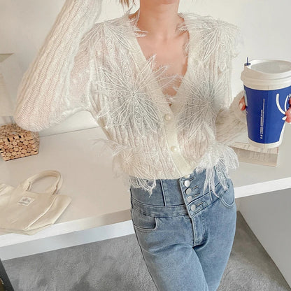 Sexy Embroidered Flower Knitted Blouse Party Blouse