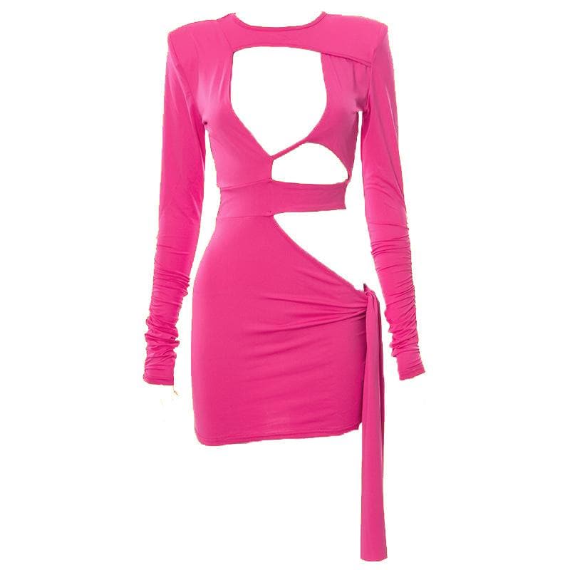 Crew Neck Padded Shoulder Multi Cutout Drape Panel Mini Dress