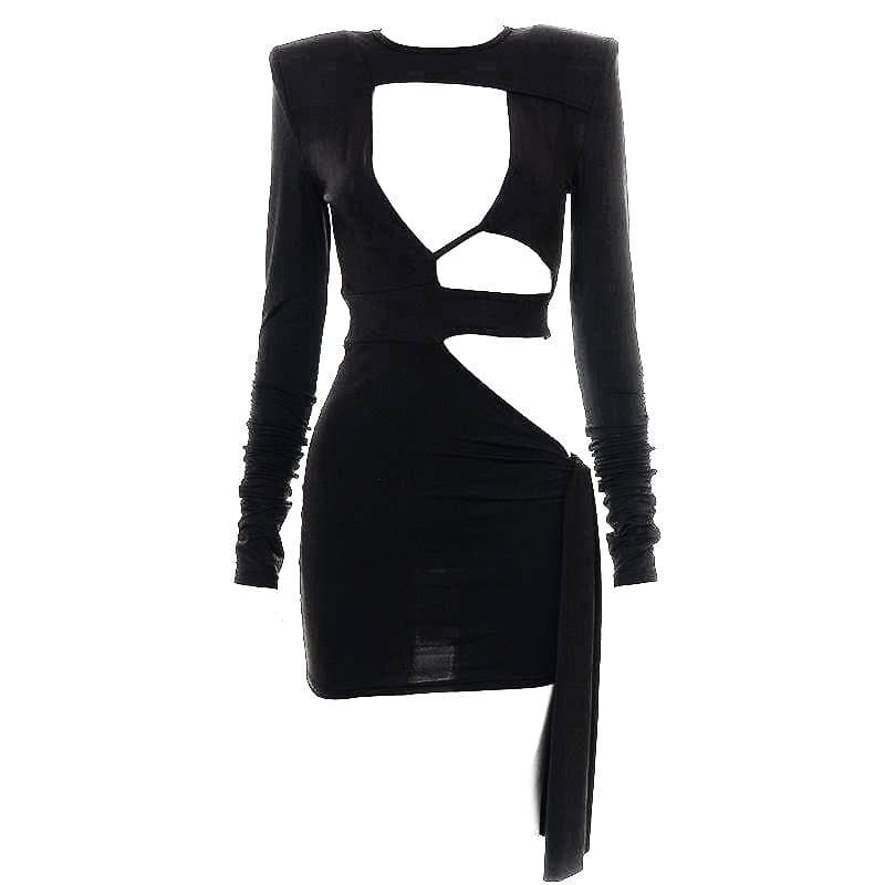 Crew Neck Padded Shoulder Multi Cutout Drape Panel Mini Dress