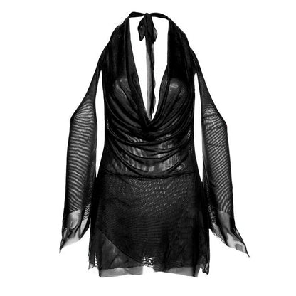 Halter Cowl Neck Mesh Off Shoulder Flare Cuff Mini Dress