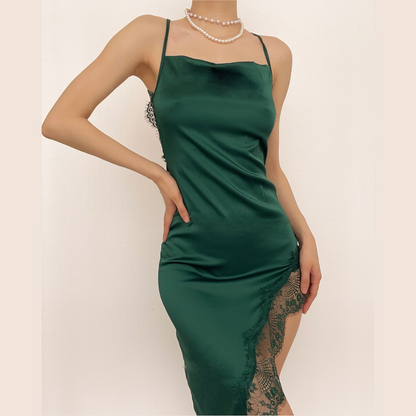 Spaghetti Strap Square Neck Lace Trim High Slit Satin Slip Midi Dress