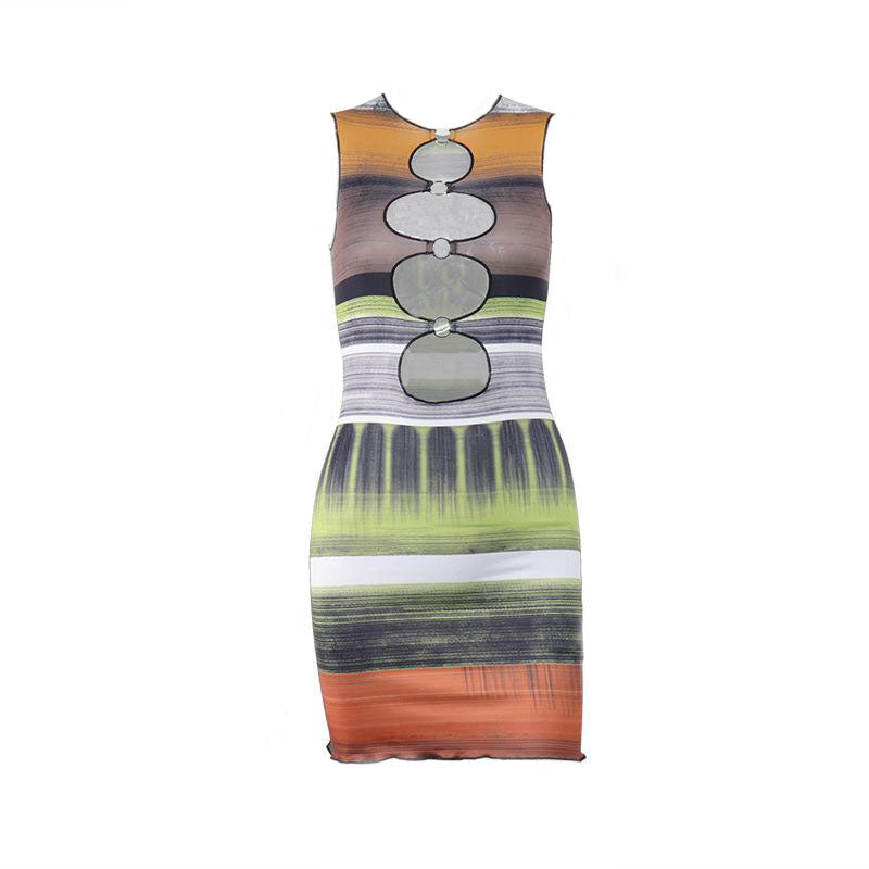 Contrast Print O-Ring Cutout Ruffle Round Neck Sleeveless Mini Dress
